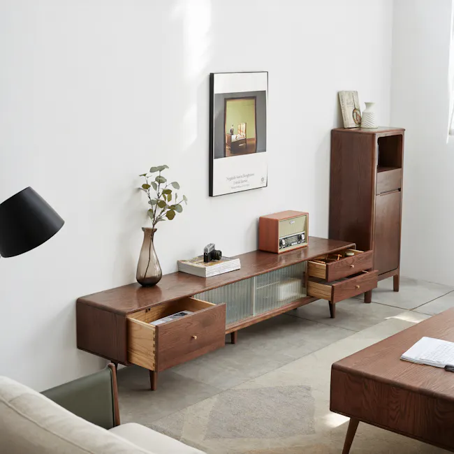Lucia TV Console 2.2m - 8 - Wooden furniture, modern decor, minimalist design, vintage radio, framed picture, green plant