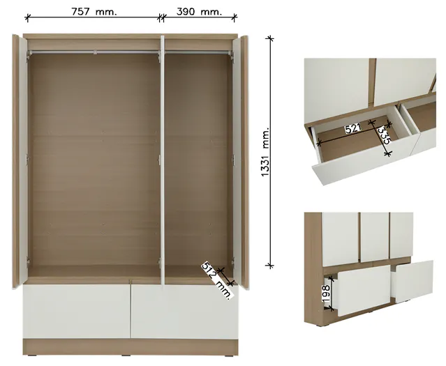 Firoh 3 Door Wardrobe with 2 Drawers - Grey Ash - 12