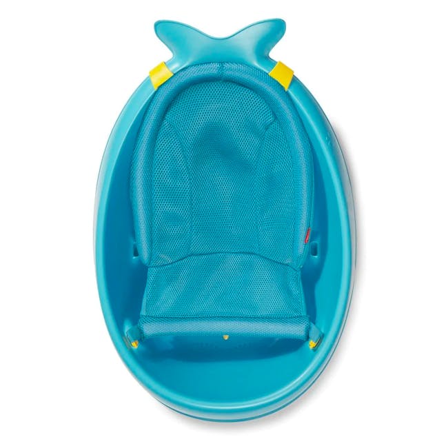Skip Hop Moby Smart Sling 3 Stage Bath - Blue - 4 - Blue backpack with fish-shaped handle, yellow straps, mesh front, small