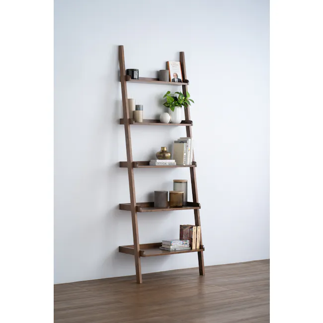 Mileen Leaning Shelf - Walnut - 2 - Wooden ladder shelf, minimalist decor, white wall background, modern interior design