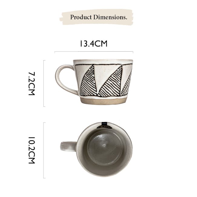 Table Matters Finn 320ml Coffee Cup - 7 - Ceramic mug with intricate black and white geometric patterns, Dimensions of a 4