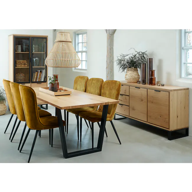 (As-is) Reno Dining Table 2.1m - 12 - Modern dining room with wooden furniture, mustard yellow upholstered chairs, geometric