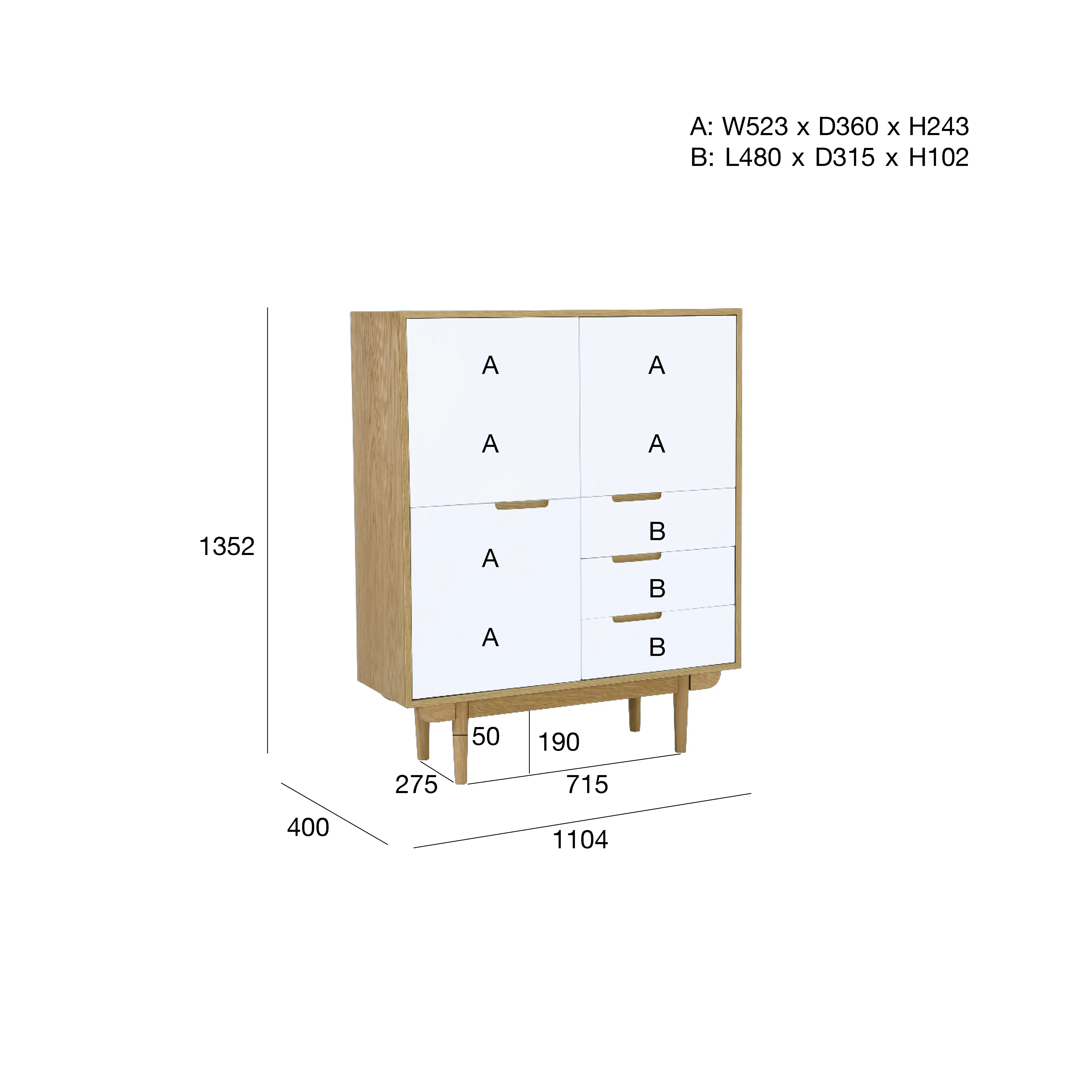 Larisa Tall Sideboard 1.1m - Oak, White - 12 - Wooden cabinet with dimensions 1352 x 275 x 400, height 1104, width 715