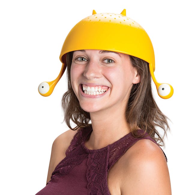 Spaghetti Monster Colander - 5 - Yellow construction helmet with protruding eyes, smiling woman, cheerful expression