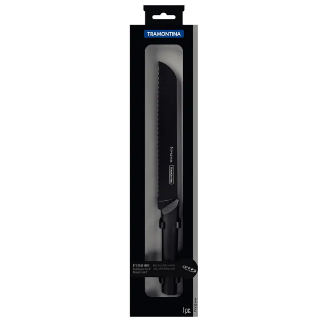 Tramontina Nygma 8" Bread Knife - 5 - Tramontina knife packaging, Black and silver design, Ergonomic handle, Sharp blade