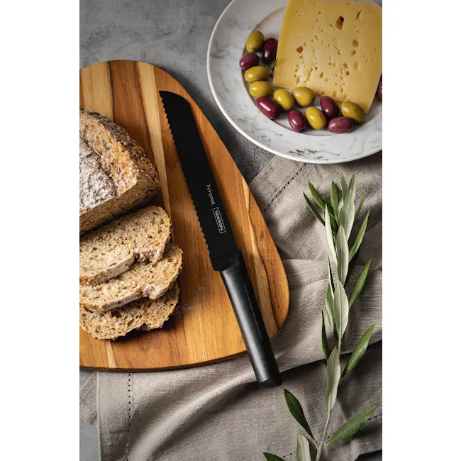 Tramontina Nygma 8" Bread Knife - 2 - wooden cutting board, sliced bread, olive oil, fresh herbs, rustic presentation, black