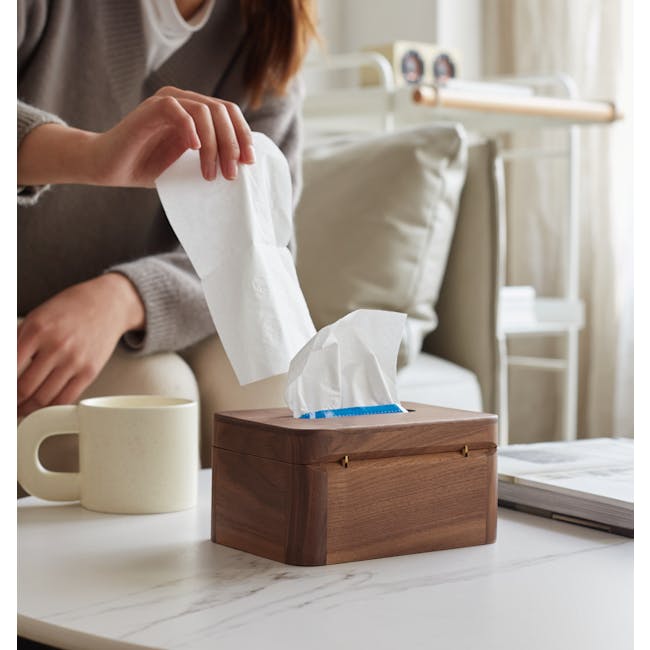 Kenji Tissue Box - 3 - Tissue box, person picking up tissue, wooden box, white mug, beige sofa, light-colored curtains, cozy
