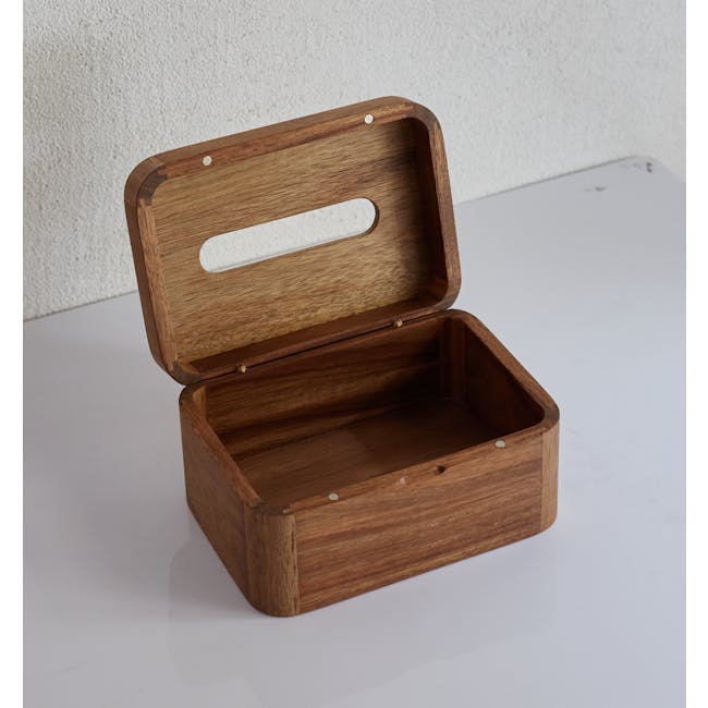 Kenji Tissue Box - 14 - Wooden box with handle, open lid, wooden interior, wooden exterior, wooden handle, wooden box lid
