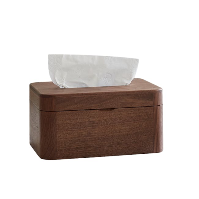 Kenji Tissue Box - 1 - Wooden box, white tissue, rectangular shape, wooden texture, wooden surface, wooden drawer, wooden
