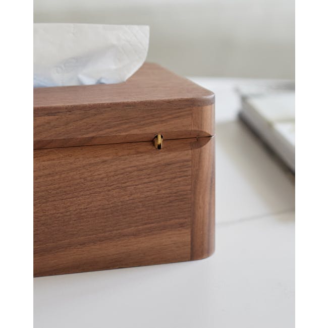 Kenji Tissue Box - 11 - Wooden box with brass lock, close-up view, wooden texture, natural finish, wooden surface, wooden