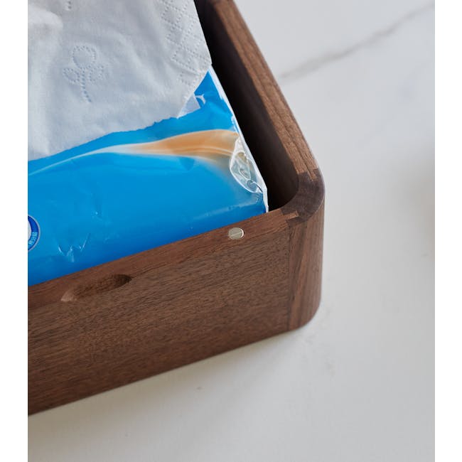 Kenji Tissue Box - 15 - Wooden tray, blue package, white tissue, blue liquid, wooden handle, wooden edge, wooden surface