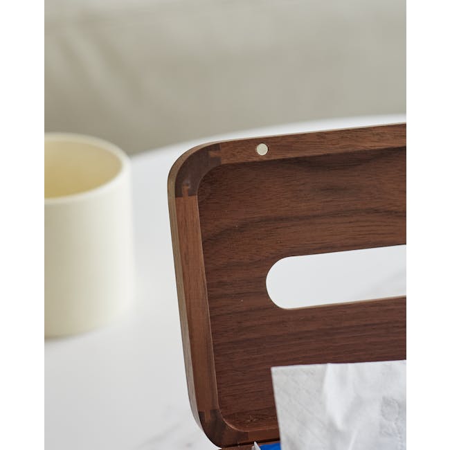 Kenji Tissue Box - 10 - Wooden cutting board, white paper towel, wooden handle, wooden edge, wooden surface, wooden frame