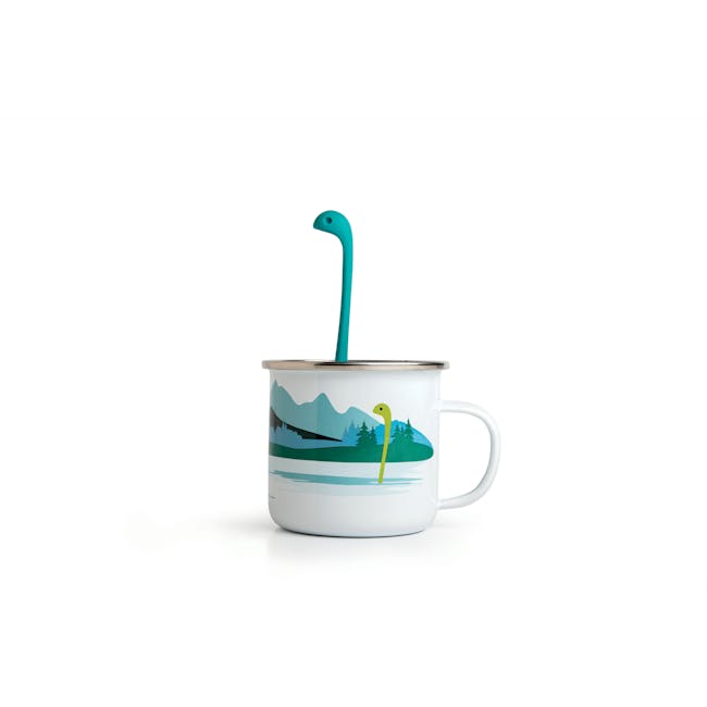 OTOTO Cup of Nessie - Tea Infuser and Cup - 2 - Mug with green straw, white background, scenic landscape, blue and green