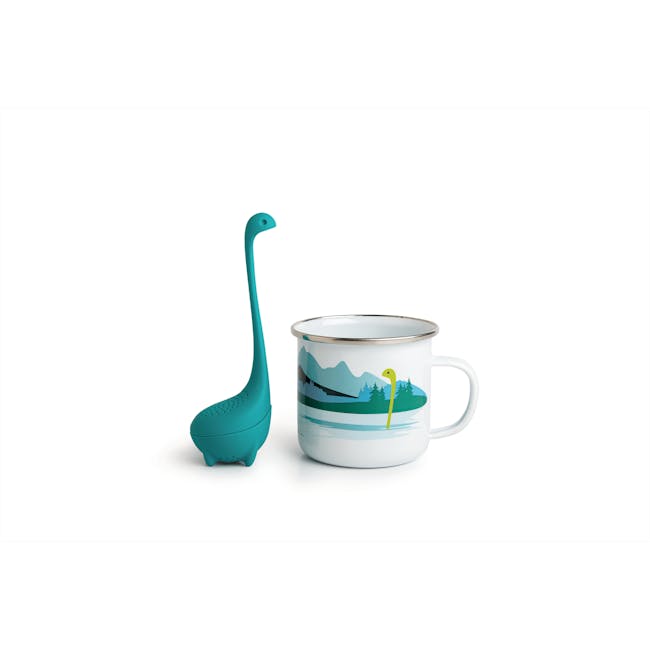 OTOTO Cup of Nessie - Tea Infuser and Cup - 1 - Turquoise dinosaur-shaped cup, white mug with mountain and pine tree design