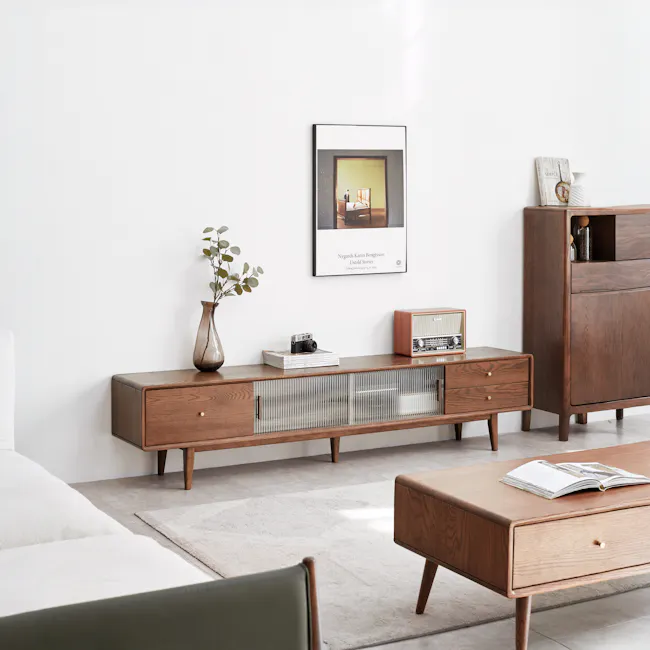 Lucia TV Console 2m - 15 - Wooden furniture, minimalist decor, modern interior, white walls, natural light, wooden floor