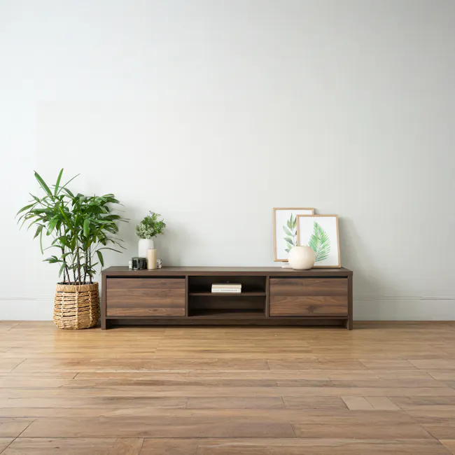 Byndi TV Console 1.8m - 3 - Wrought-iron side table, wooden cabinet, modern decor, green plants, minimalist design, natural
