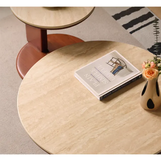 Blair Round Coffee Table - Travertine (Sintered Stone) - 10 - Modern minimalist design, round wooden table, light beige