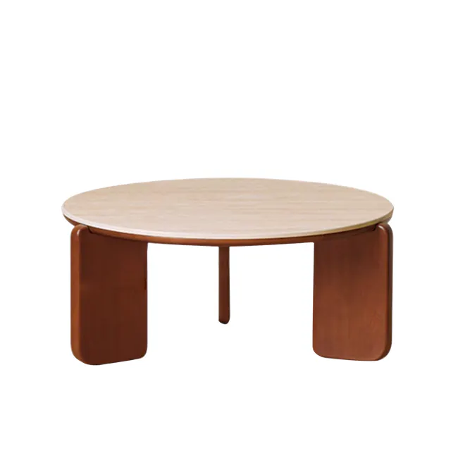 Blair Round Coffee Table - Travertine (Sintered Stone) - 1 - Modern minimalist table with wooden legs, light wood finish