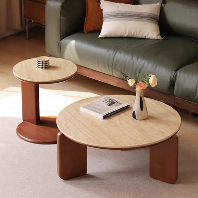 Blair Round Coffee Table - Travertine (Sintered Stone) - 7 - modern living room, cozy seating, wooden coffee table