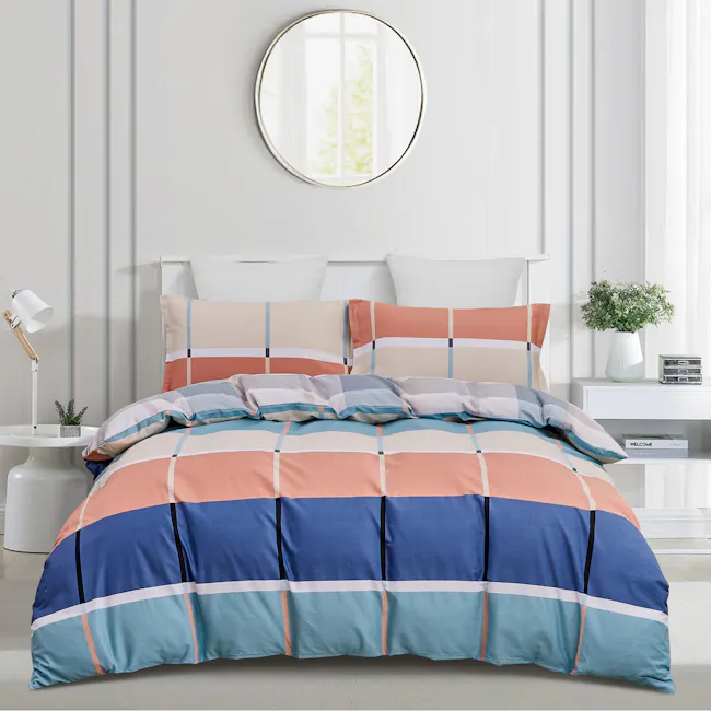 Eden 5-pc Cotton Bedding Set (4 Sizes) - 5 - Modern bedroom with colorful bedding, white walls, round mirror, bedside table