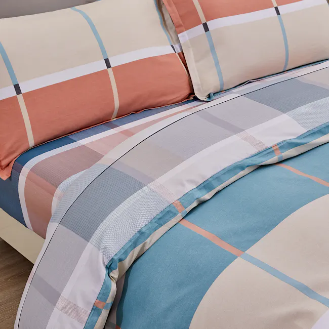 Eden 5-pc Cotton Bedding Set (4 Sizes) - 3 - Colorful plaid bedding, soft beige and blue tones, geometric pattern, modern