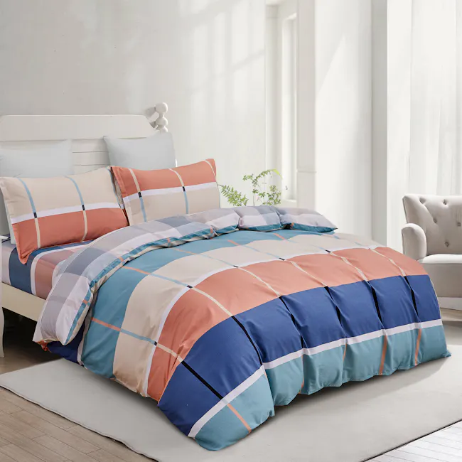 Eden 5-pc Cotton Bedding Set (4 Sizes) - 4 - Modern bedroom with neatly made bed, colorful striped bedding, white headboard