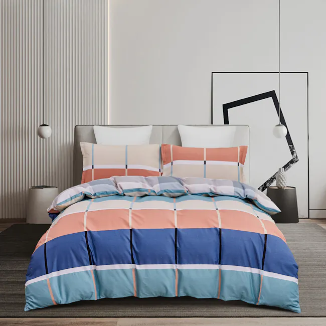 Eden 5-pc Cotton Bedding Set (4 Sizes) - 2 - Modern bedroom with colorful bedding, geometric pillows, abstract wall art