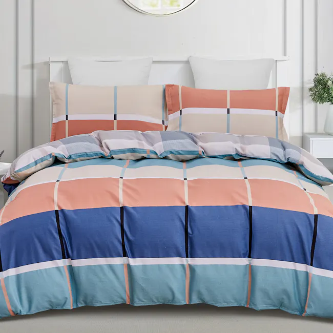 Eden 5-pc Cotton Bedding Set (4 Sizes) - 1 - Modern bedroom, cozy bed, colorful bedding, striped pillows, abstract pattern