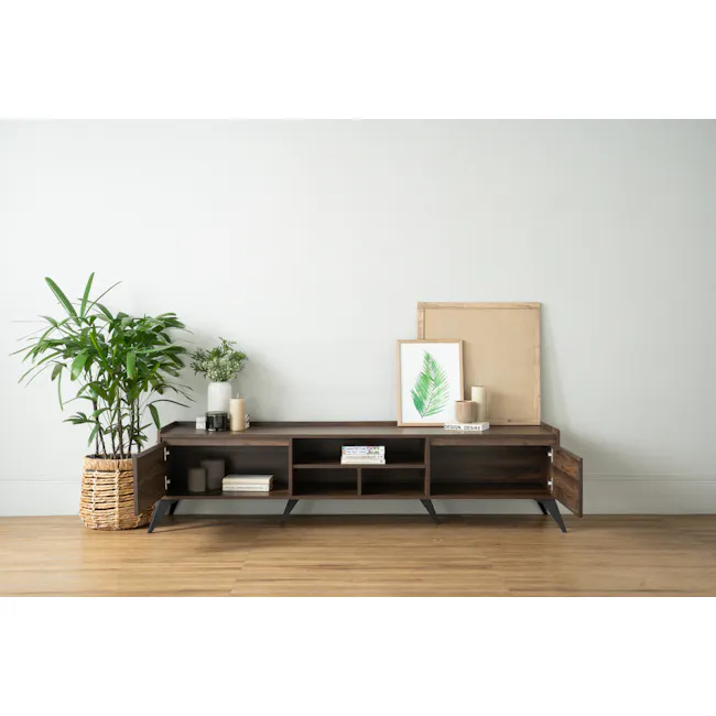 Maxton TV Console 1.8m - 2 - modern living room, minimalist decor, wooden console, open shelving, green plants, natural