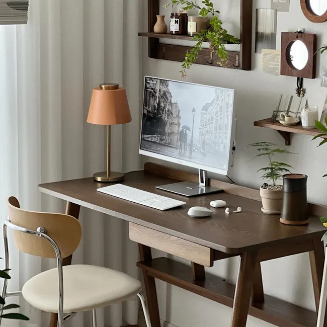 Colt Study Table 1.2m - Walnut - 10 - Wooden desk, modern office chair, black and white cityscape monitor, white keyboard