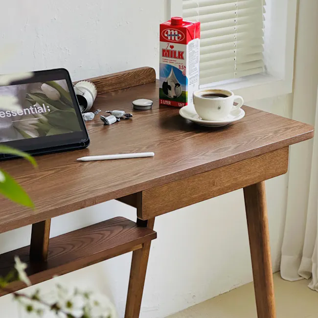 Colt Study Table 1.2m - Walnut - 9 - Wooden desk, tablet, coffee cup, milk carton, white ceramic cup, white ceramic saucer