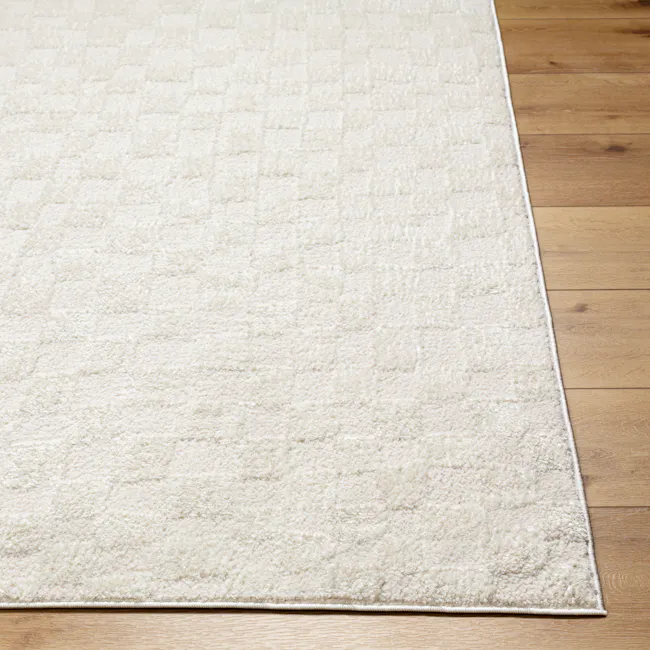 Adler Checkerboard Rug - Ivory (3 Sizes) - 6 - Cream-colored, plush, rectangular area rug, light wood floor, wooden planks