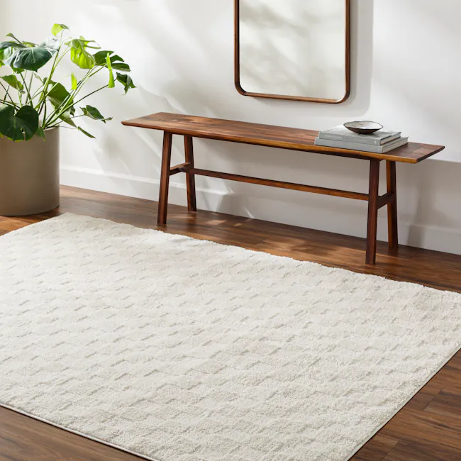 Adler Checkerboard Rug - Ivory (3 Sizes) - 4 - modern living room, minimalist design, cozy atmosphere, wooden bench, white