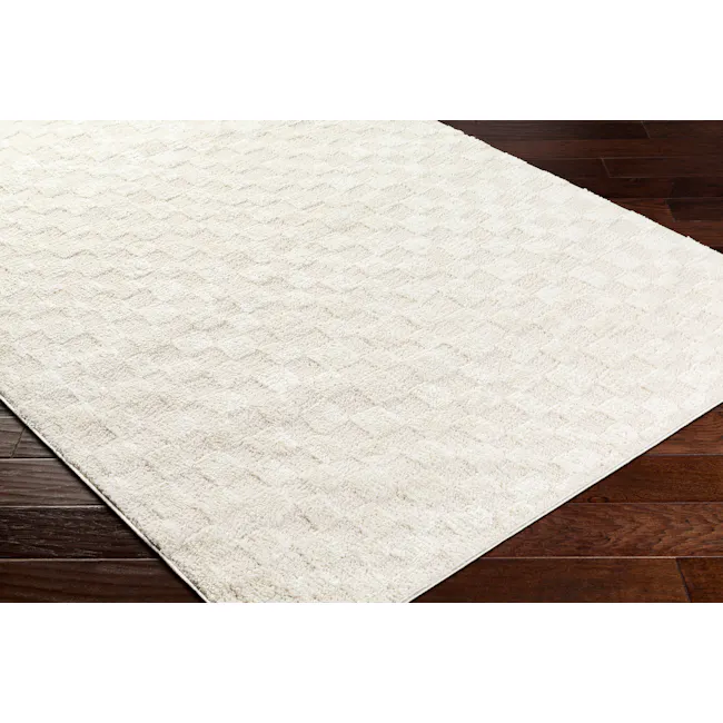 Adler Checkerboard Rug - Ivory (3 Sizes) - 5 - Cream-colored, textured rug, dark wooden floor, cozy carpet corner, soft