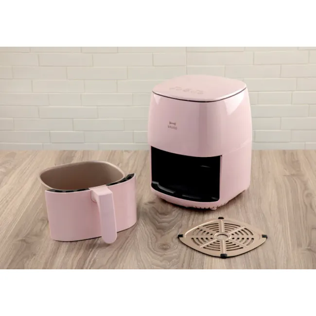 BRUNO 2.6L Air Fryer - Pink - 3 - Pink kitchen appliance, pink base, black front panel, wooden countertop, modern design