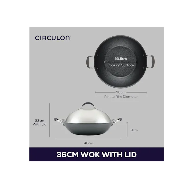 Circulon ScratchDefense A1 Covered Wok - 7 - 36cm Wok with lid, 5cm cooking surface, 36cm rim to rim diameter, 46cm height