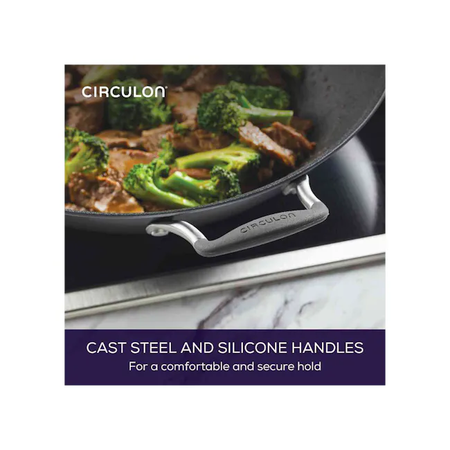 Circulon ScratchDefense A1 Covered Wok - 5 - Cast steel and silicone handles, comfortable and secure hold, sleek design