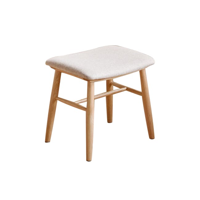 Xena Stool - Oak, Off White (Fabric) - 1 - Wooden stool with light beige cushion, minimalist design, natural wood finish