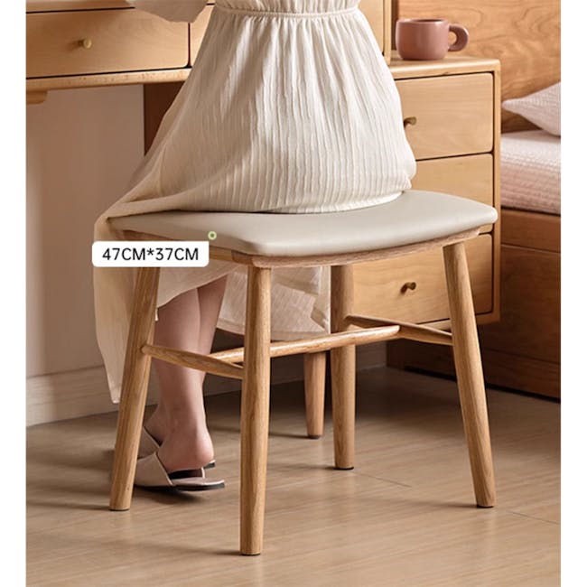 Xena Stool - Oak, Off White (Fabric) - 3 - Wooden stool, beige cushion, woman's dress, 47cm x 37cm size, light wooden legs