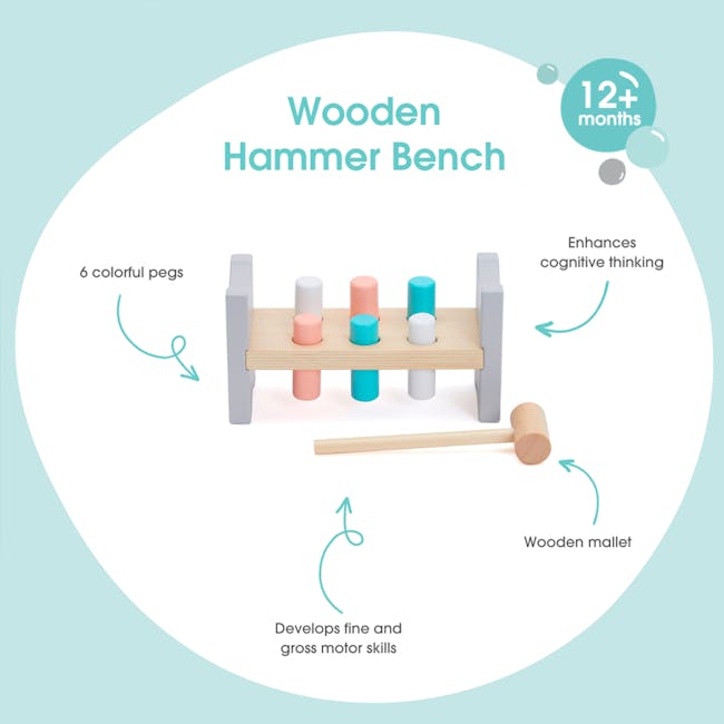 Bubble Wooden Hammer Bench - 3 - Wooden hammer bench, 6 colorful pegs, enhances cognitive thinking, wooden mallet, develops