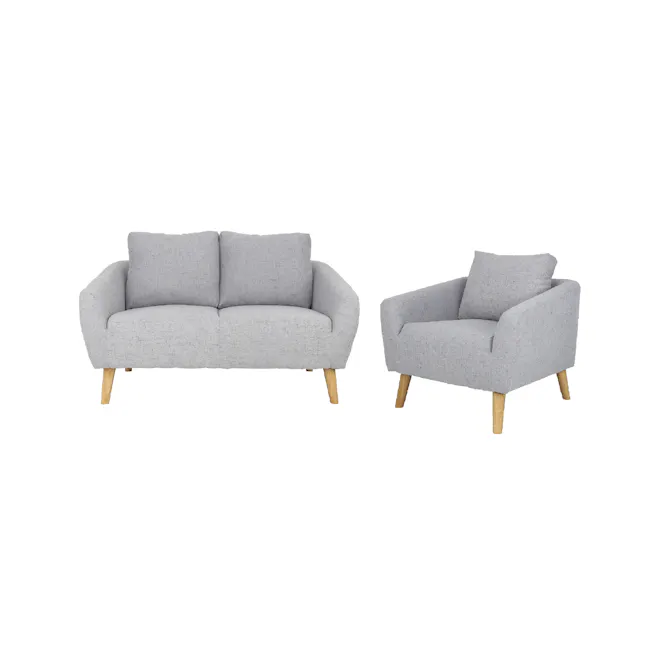 Hana 2 Seater Sofa with Hana Armchair - Light Grey - 1 - Grey upholstered sofa, light grey fabric, wooden legs, modern