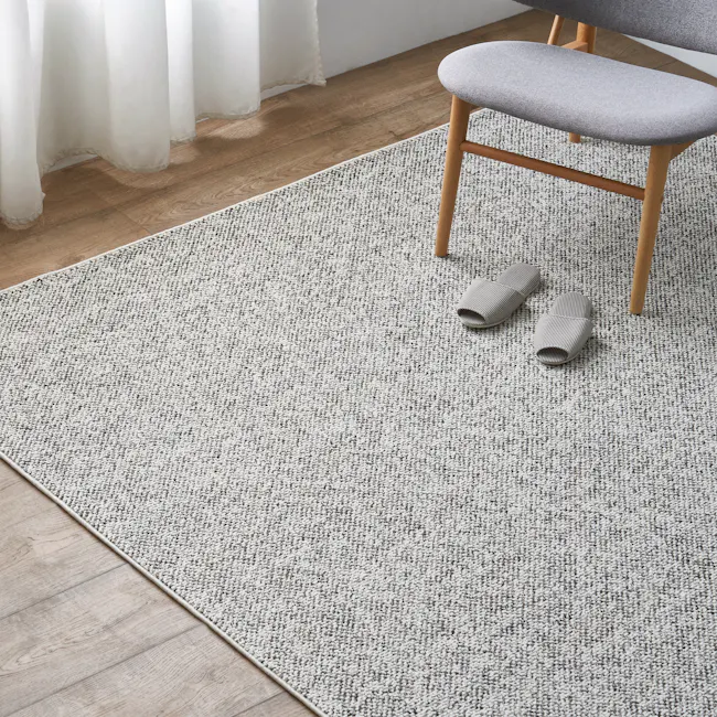 Dante Low Pile NZ Wool Rug - Stone (3 Sizes) - 2 - White sheer curtains, wooden floor, light gray rug, wooden chair with