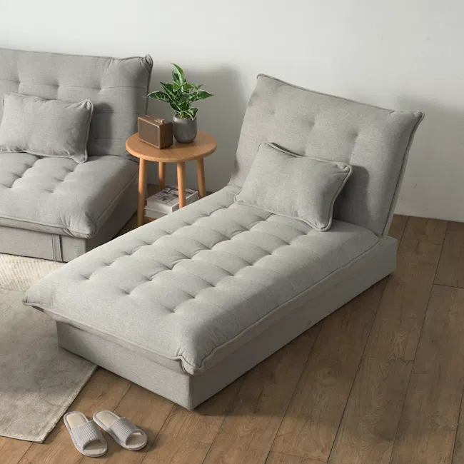 Tessa Storage Lounge Sofa Bed - Charcoal (Eco Clean Fabric) - 3 - Modern gray tufted sofa, light gray cushions, wooden round