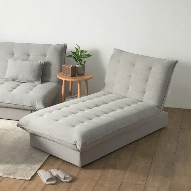 Tessa Storage Lounge Sofa Bed - Charcoal (Eco Clean Fabric) - 2 - Light gray tufted sofa, minimalist decor, wooden round