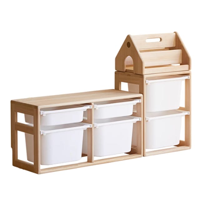 Micah Wooden Kids Toys Storage - Set of 3 - 1 - Wooden storage unit, three-tiered shelving, white plastic bins, compact