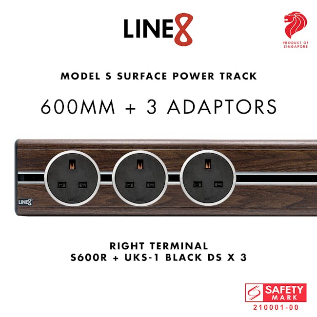 Line8 Power Track 600mm + 3 Adaptors Bundle - Brazillian Rosewood - 6 - Surface Power Track with Right Terminal, UKS-1 Black
