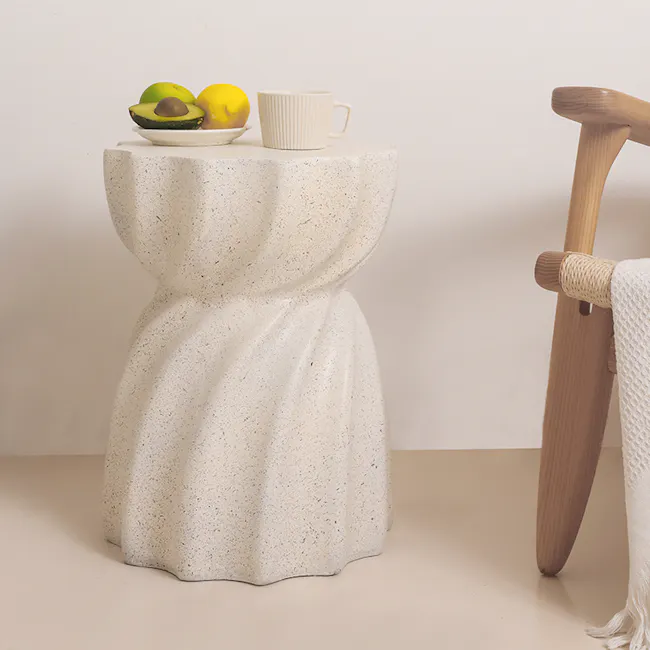 Evelyn Swirl Terrazzo Side Table - 4 - White speckled pedestal table, fruit bowl with avocados and lemon, wooden chair with