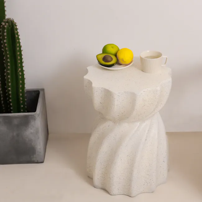Evelyn Swirl Terrazzo Side Table - 2 - Cactus, white ceramic, textured surface, small potted plant, green cactus, gray pot