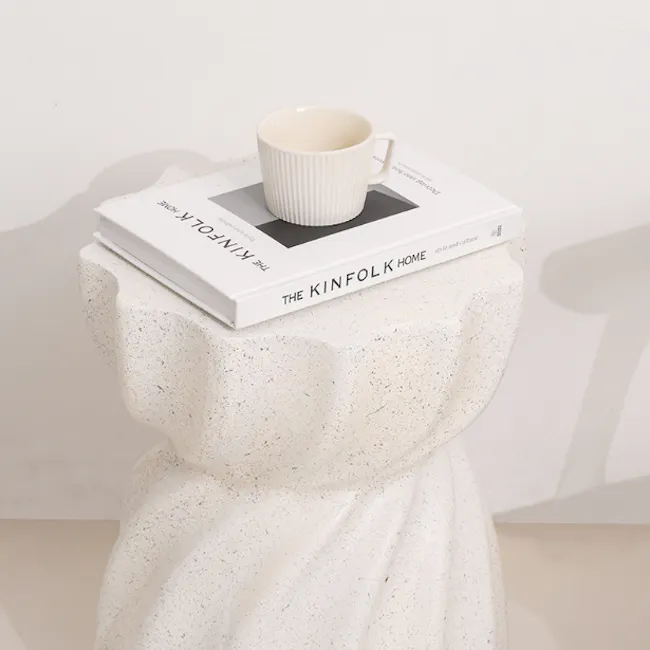 Evelyn Swirl Terrazzo Side Table - 7 - White ceramic sculpture with speckled texture, Minimalist design featuring a single