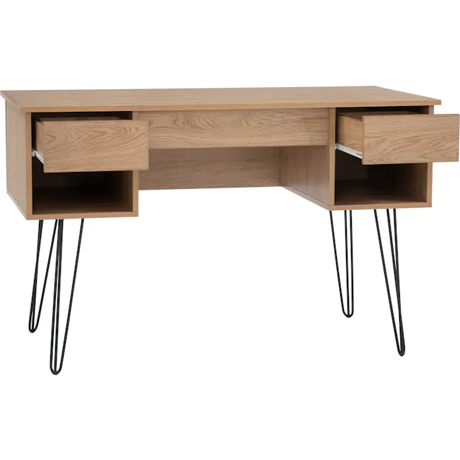 Sandra Study Table 1.2m - Oak - 4 - Wooden desk with open drawers, black metal legs, minimalist design, modern furniture